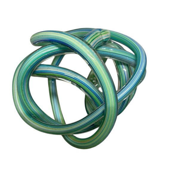 Beautiful Hand Blown Blue Green Turquoise Metallic Glass Endless Knot Sculpture - Picture 2 of 10